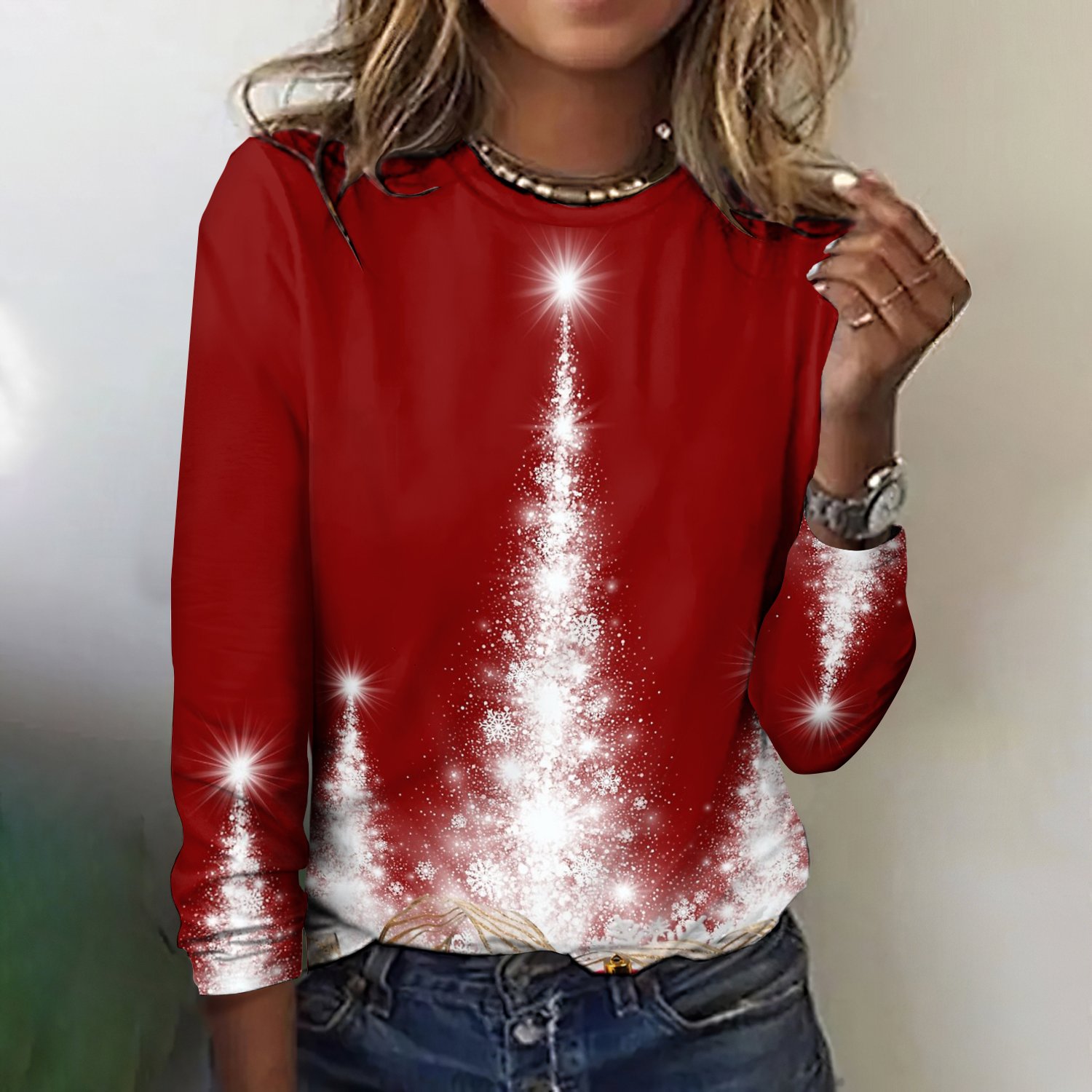 Vintage Holiday Pattern Crew Neck Long Sleeve T-shirt