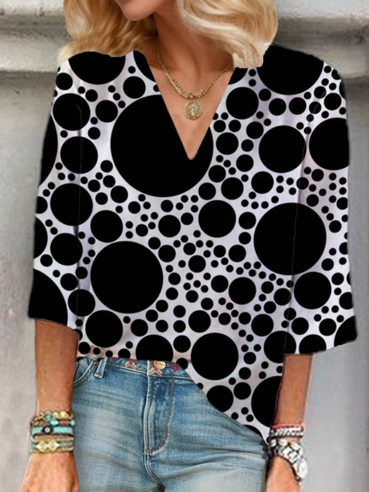 V Neck Three Quarter Sleeve Polka Dots Regular Loose Blouse For Women