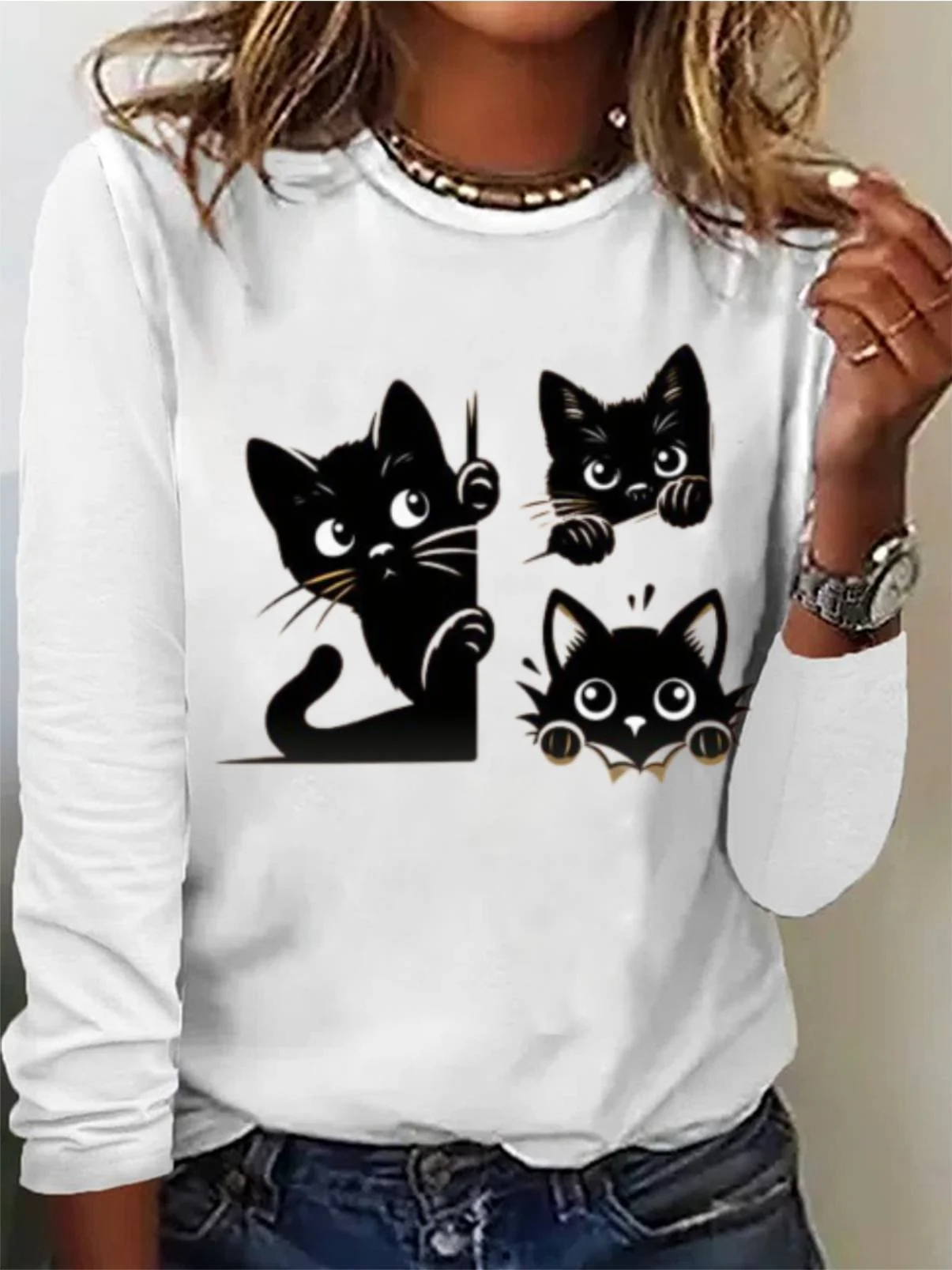 Casual Cat Crew Neck Long Sleeve T-shirt