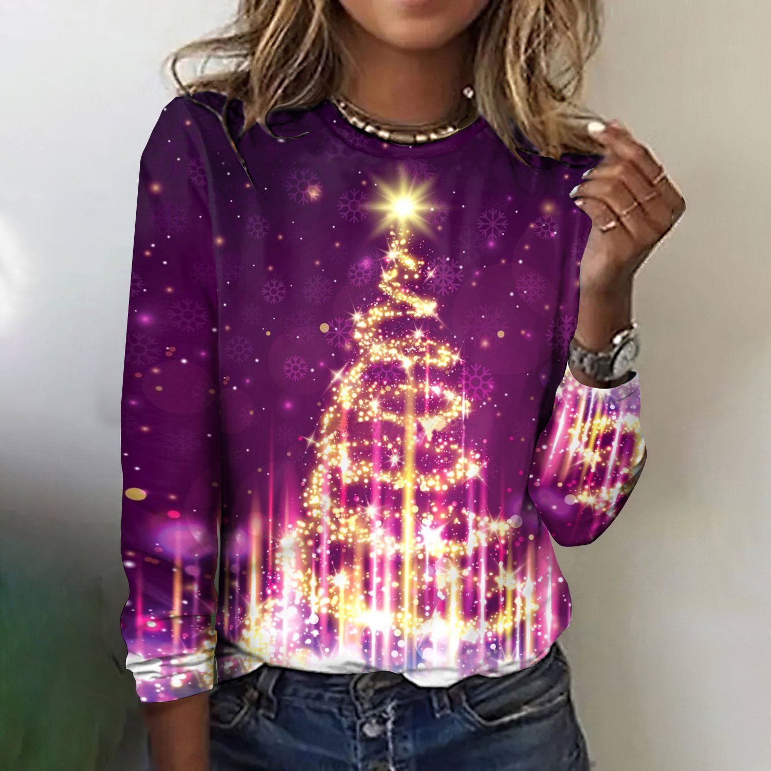 Vintage Snowflake Pattern Crew Neck Long Sleeve T-shirt