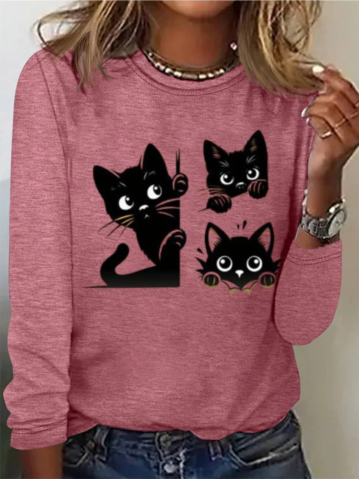 Casual Cat Crew Neck Long Sleeve T-shirt