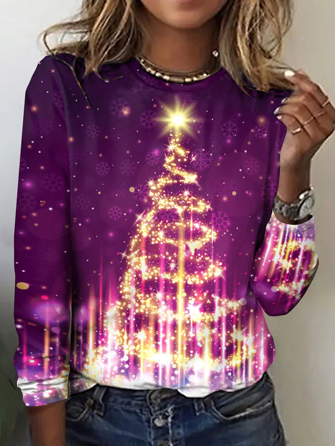 Vintage Snowflake Pattern Crew Neck Long Sleeve T-shirt