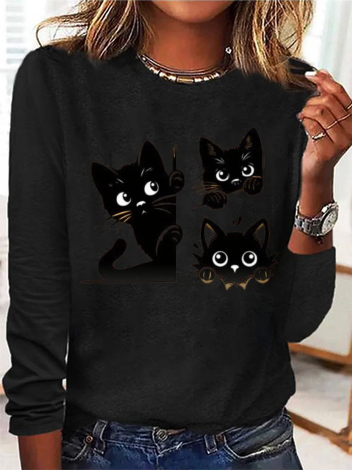 Casual Cat Crew Neck Long Sleeve T-shirt