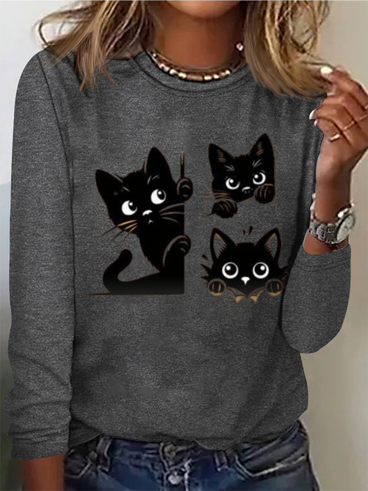Casual Cat Crew Neck Long Sleeve T-shirt