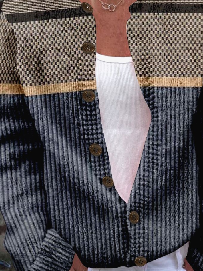 Women Knitted Striped Long Sleeve Comfy Vintage Cardigan