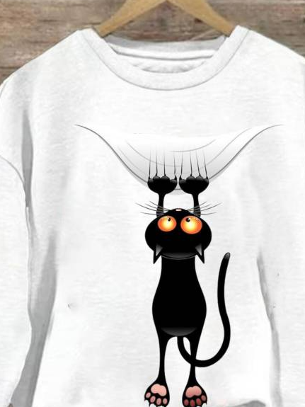 Casual Crew Neck Cat Sweatshirt