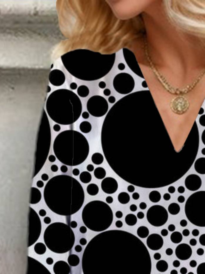 V Neck Three Quarter Sleeve Polka Dots Regular Loose Blouse For Women