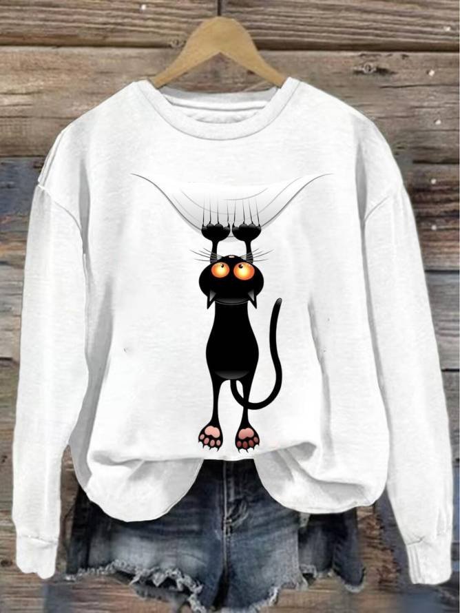 Casual Crew Neck Cat Sweatshirt