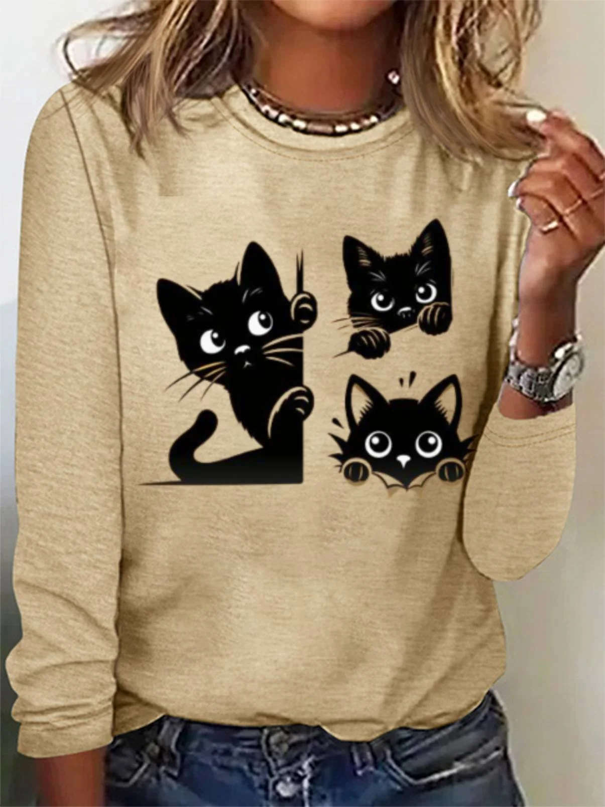 Casual Cat Crew Neck Long Sleeve T-shirt