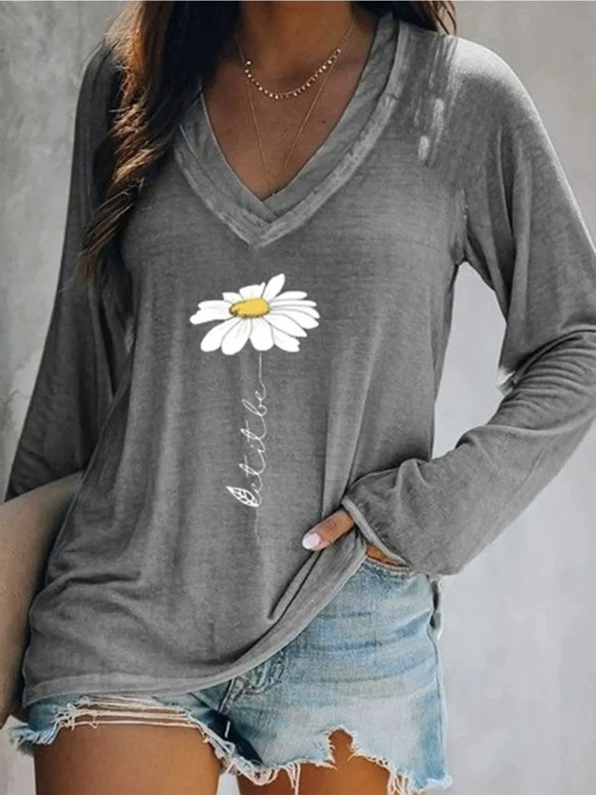 Casual Geometric V Neck Long Sleeve T-shirt