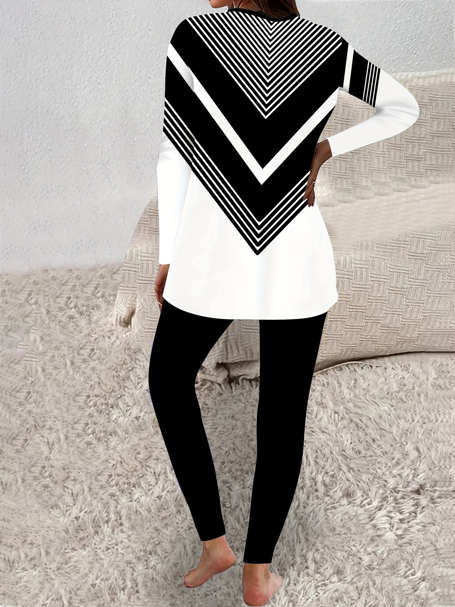 Women Geometric Crew Neck Long Sleeve Comfy Casual Top With Pants Two-Piece Set