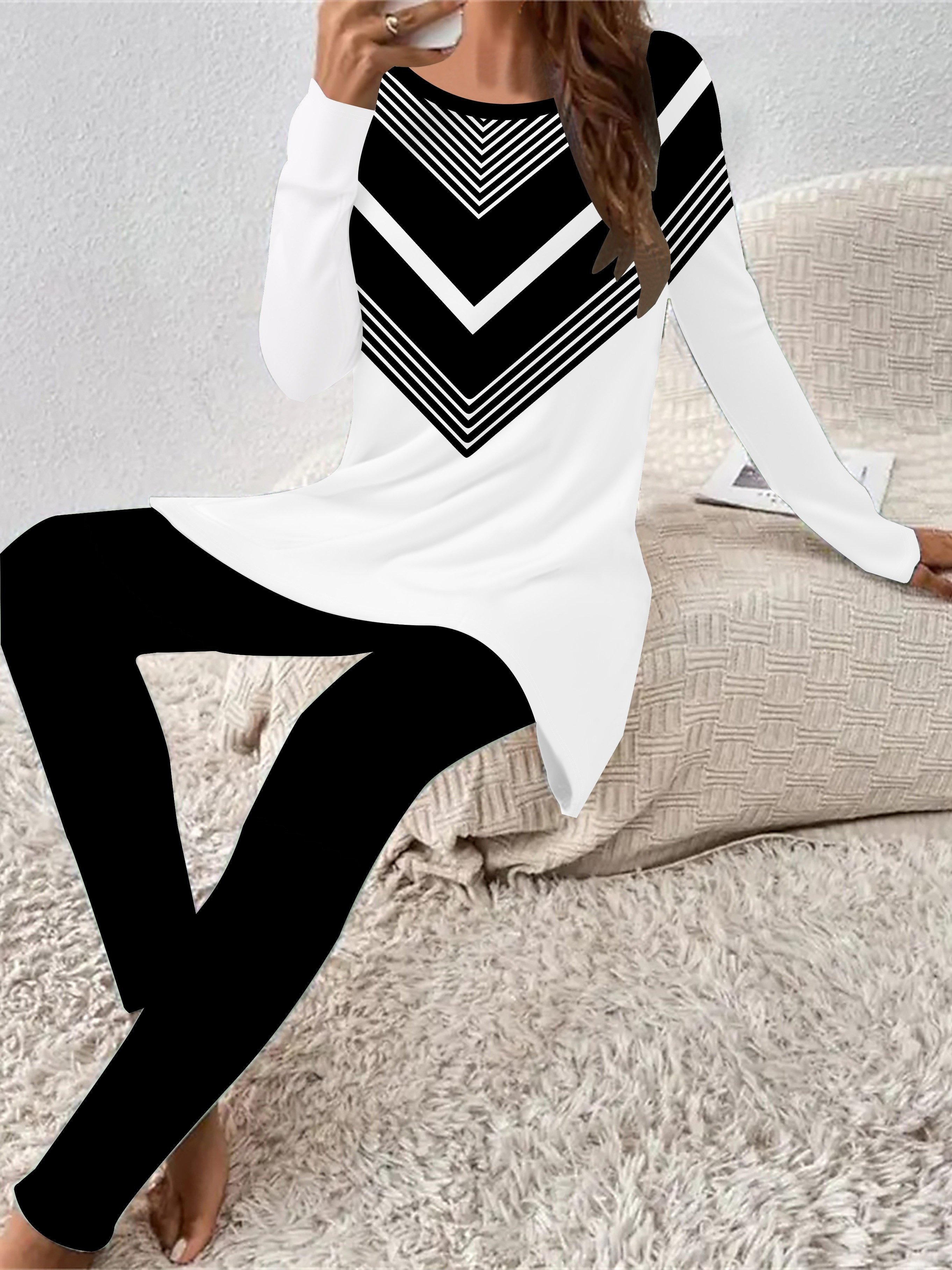 Women Geometric Crew Neck Long Sleeve Comfy Casual Top With Pants Two-Piece Set