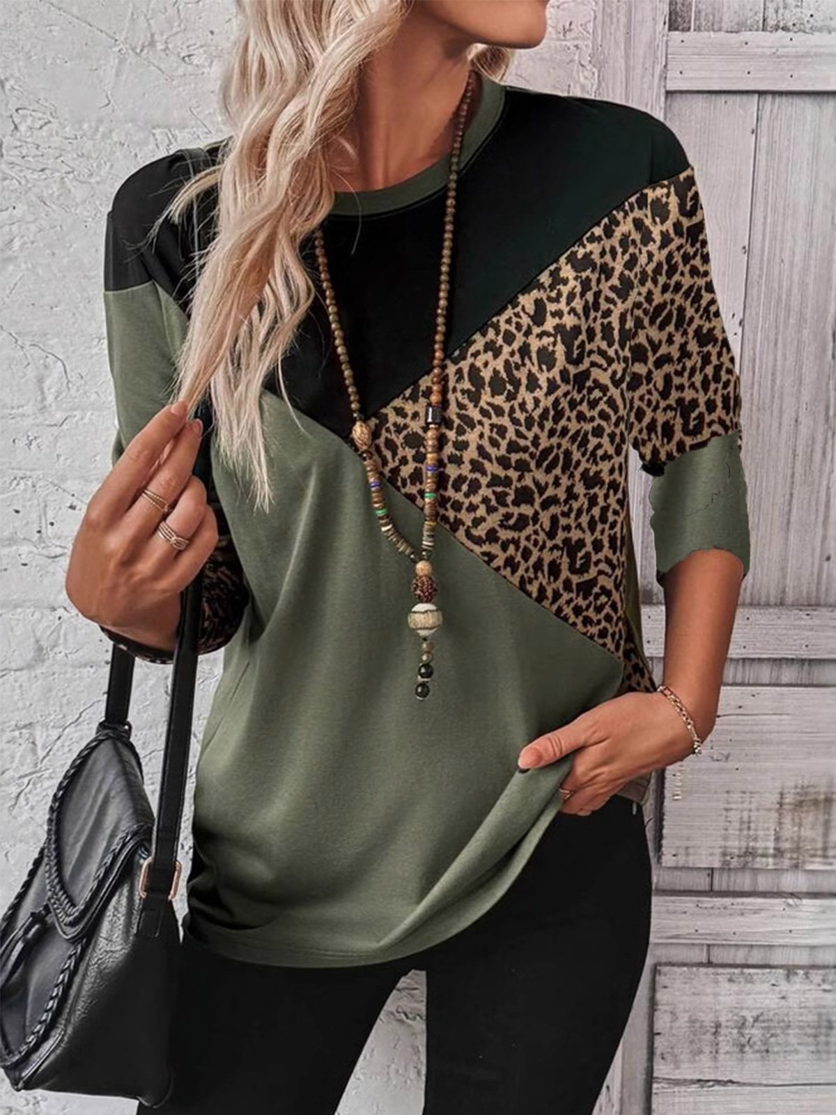 Casual Color Block Crew Neck Long Sleeve T-shirt