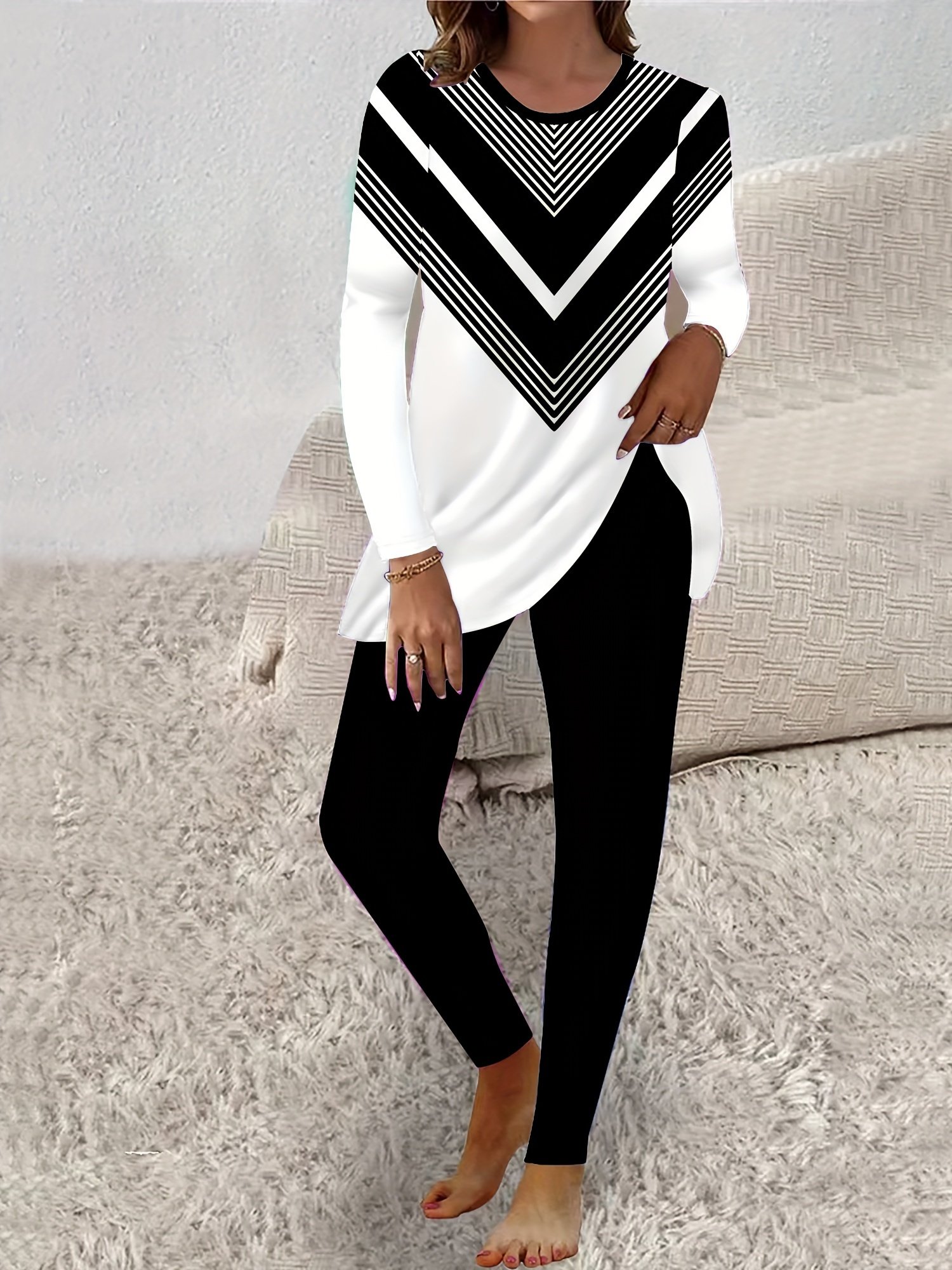 Women Geometric Crew Neck Long Sleeve Comfy Casual Top With Pants Two-Piece Set