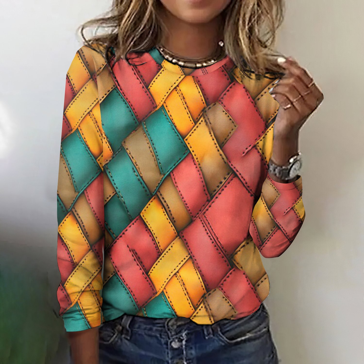 Vintage Plaid Crew Neck Long Sleeve T-shirt