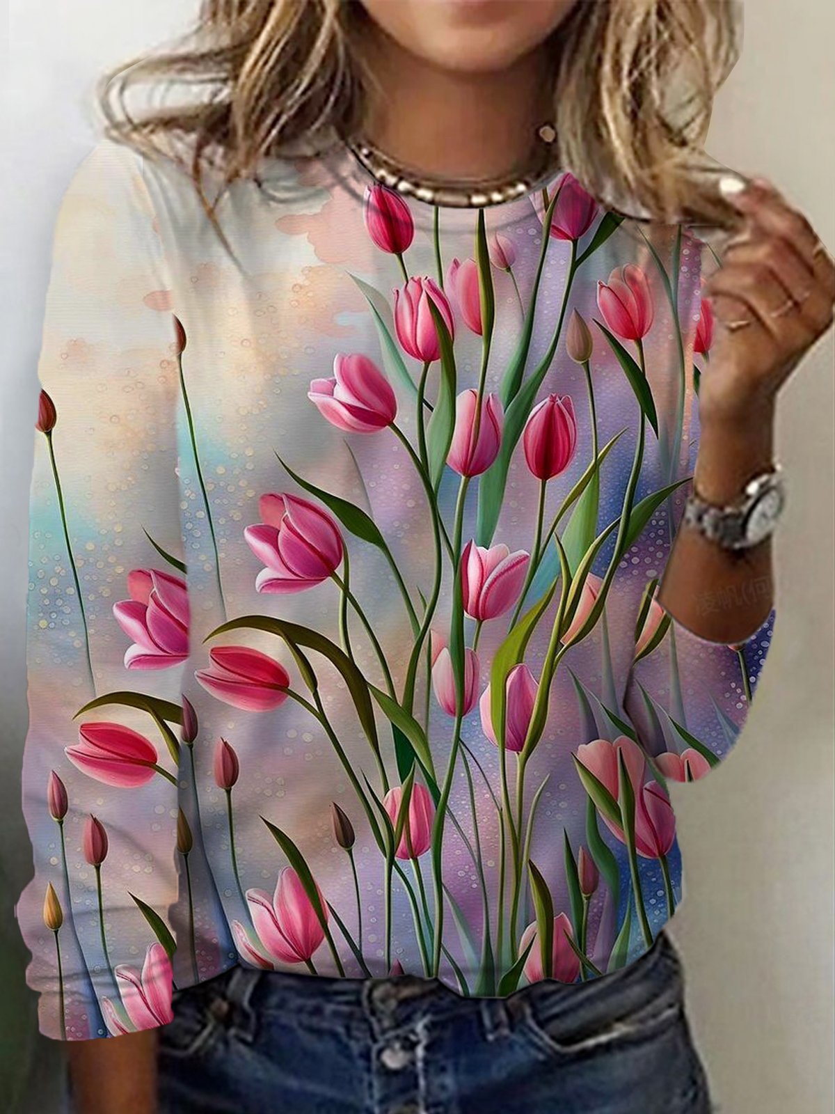 Casual Floral Crew Neck Long Sleeve T-shirt