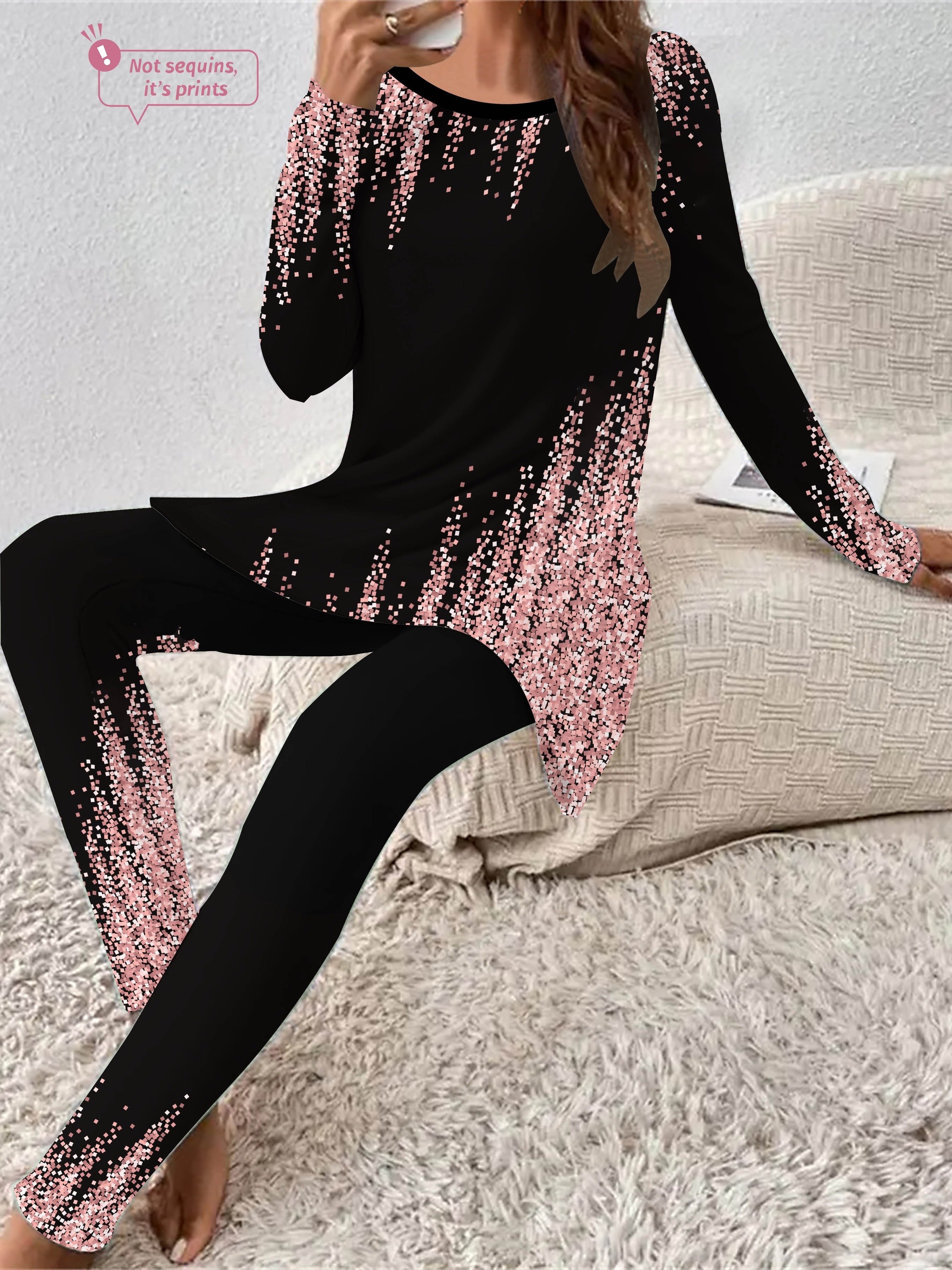 Women Abstract Crew Neck Long Sleeve Comfy Casual Top With Pants Two-Piece Set