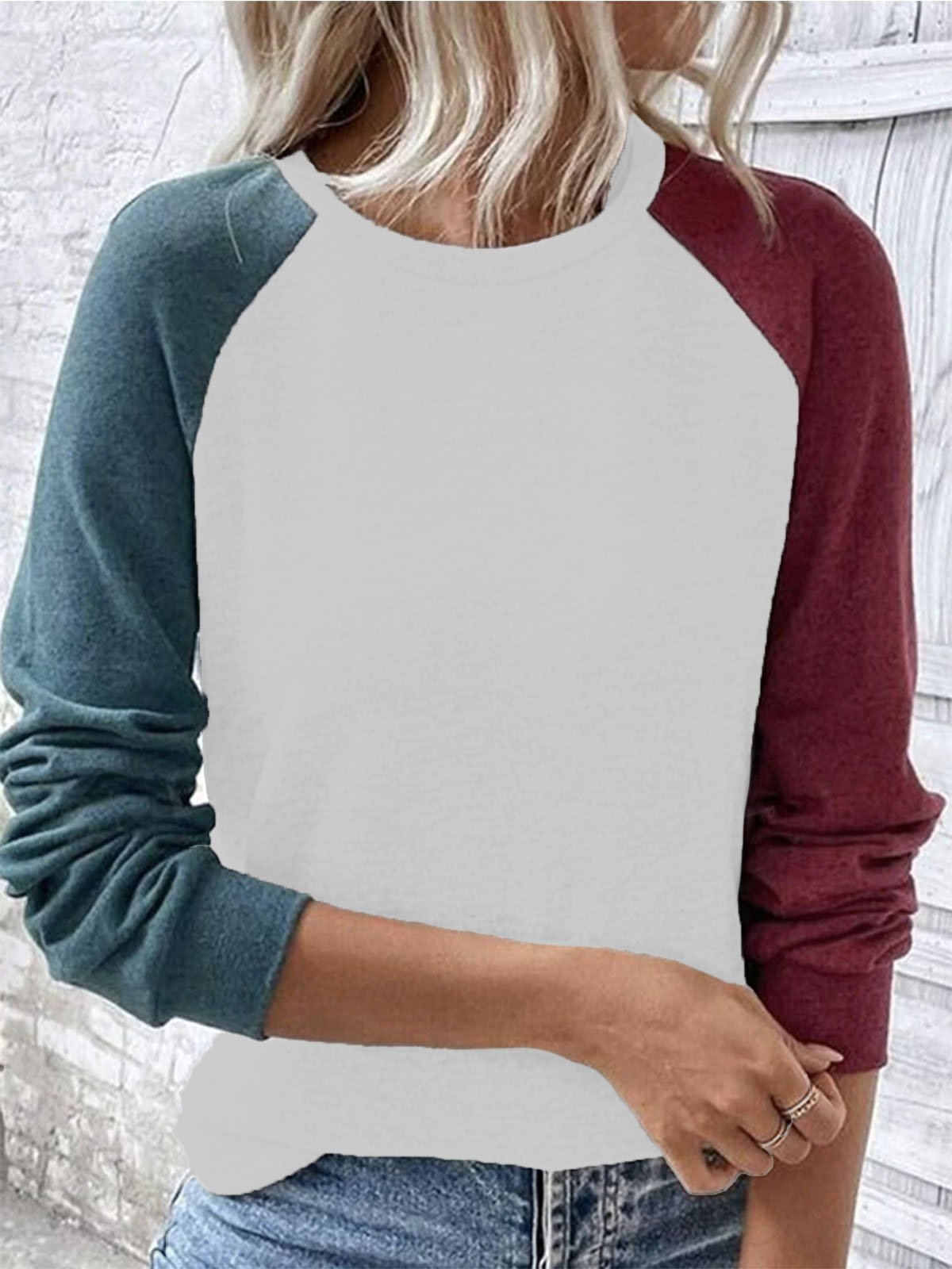 Casual Crew Neck Color Block Sweatshirt