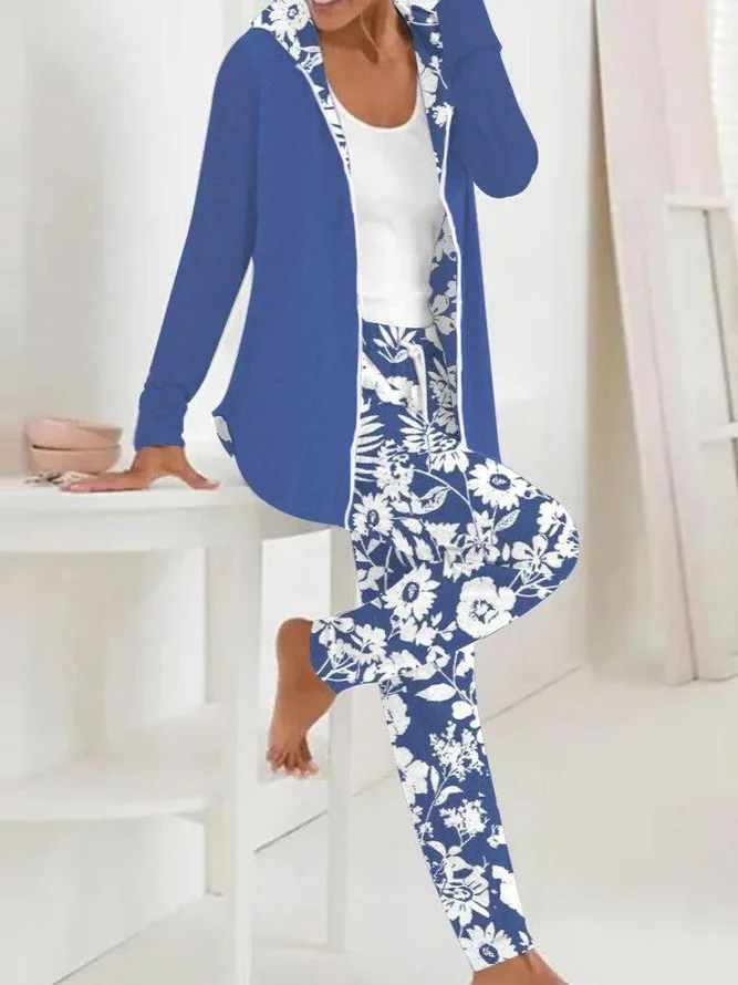 Women Floral Hoodie Long Sleeve Comfy Casual Coat With Pants Two-Piece Set