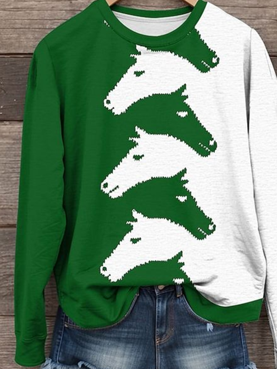 Casual Crew Neck Animal Horse Pattern Sweatshirt