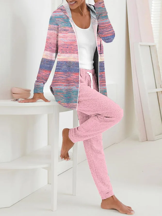 Women Striped Hoodie Long Sleeve Comfy Casual Coat With Pants Two-Piece Set