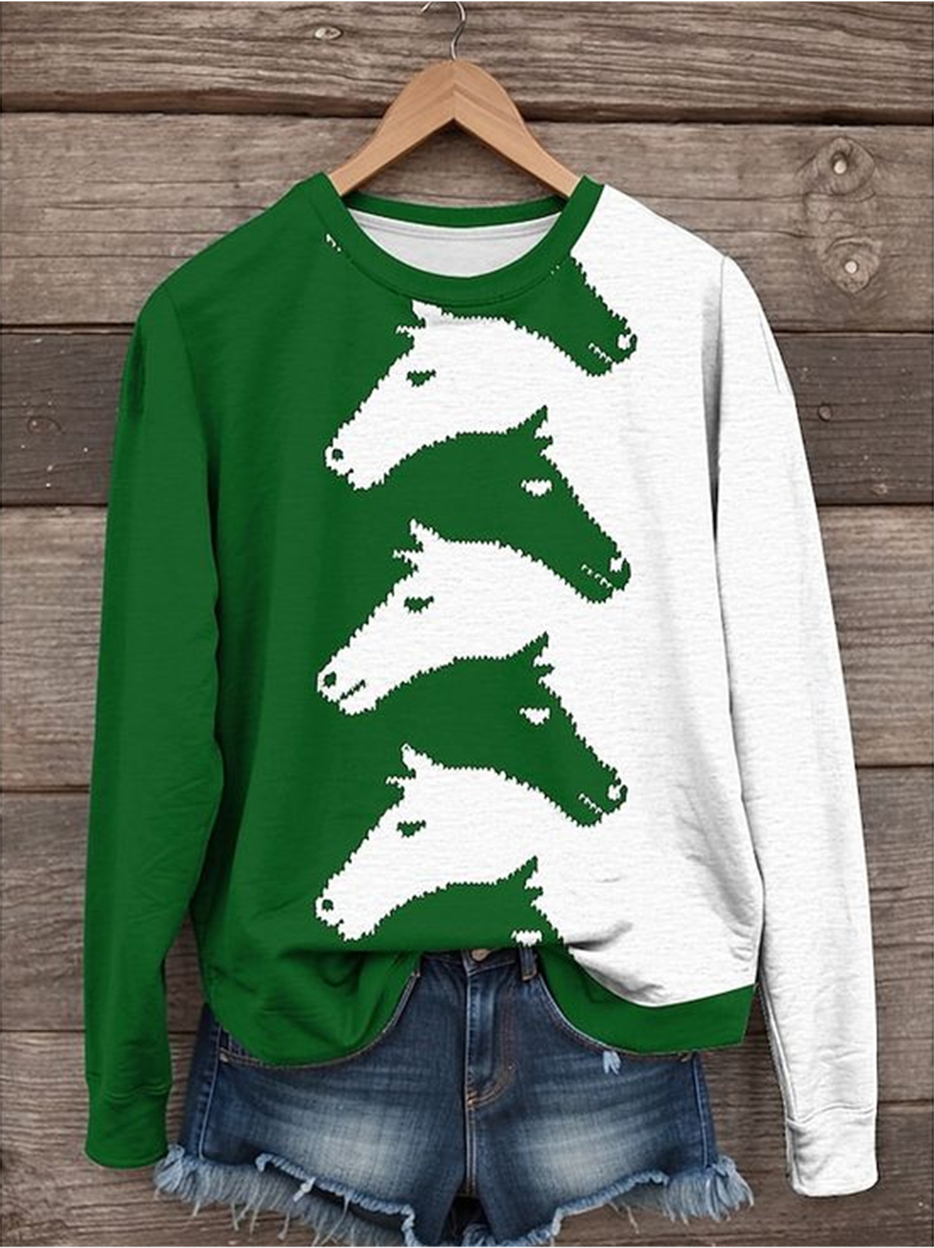 Casual Crew Neck Animal Horse Pattern Sweatshirt