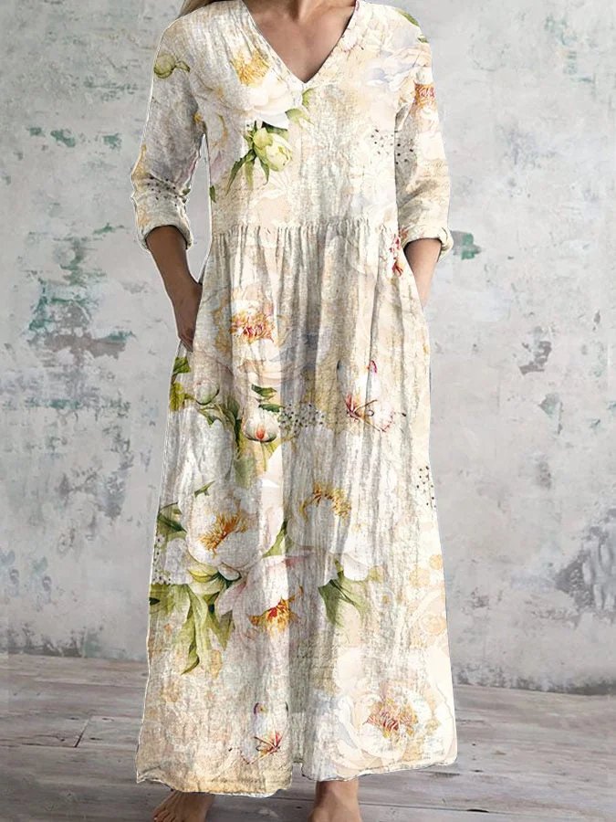 Women Floral Art Printing V Neck Long Sleeve Comfy Vintage Maxi Dress