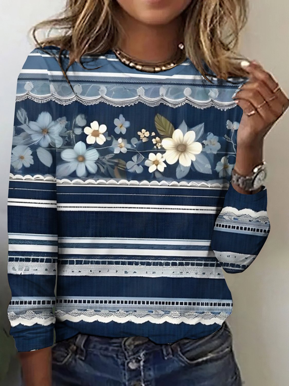 Vintage Floral Print Crew Neck Long Sleeve T-shirt