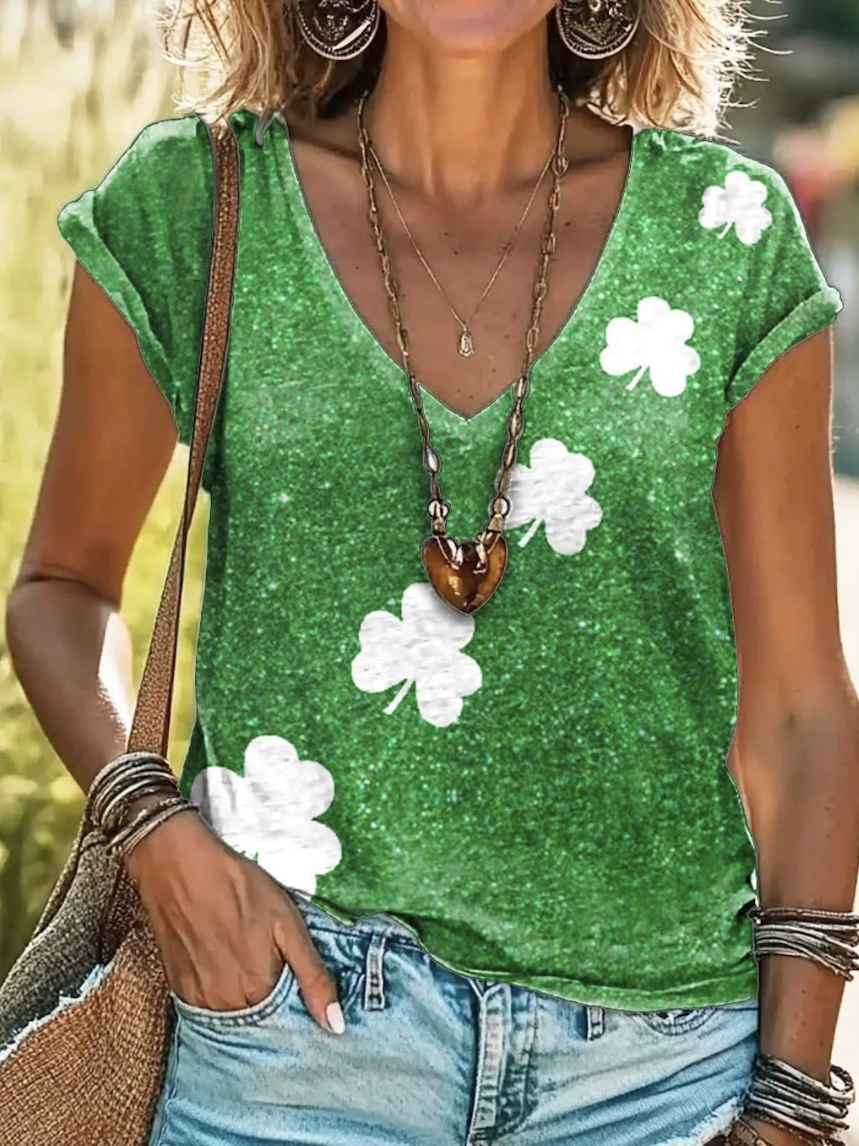 Casual St. Patrick's Day Four-leaf Print V Neck Short Sleeve T-shirt