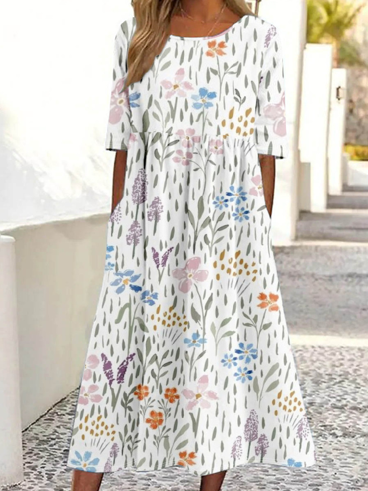 Women 3D Floral Printing Crew Neck Half Sleeve Comfy Vintage Maxi Dress