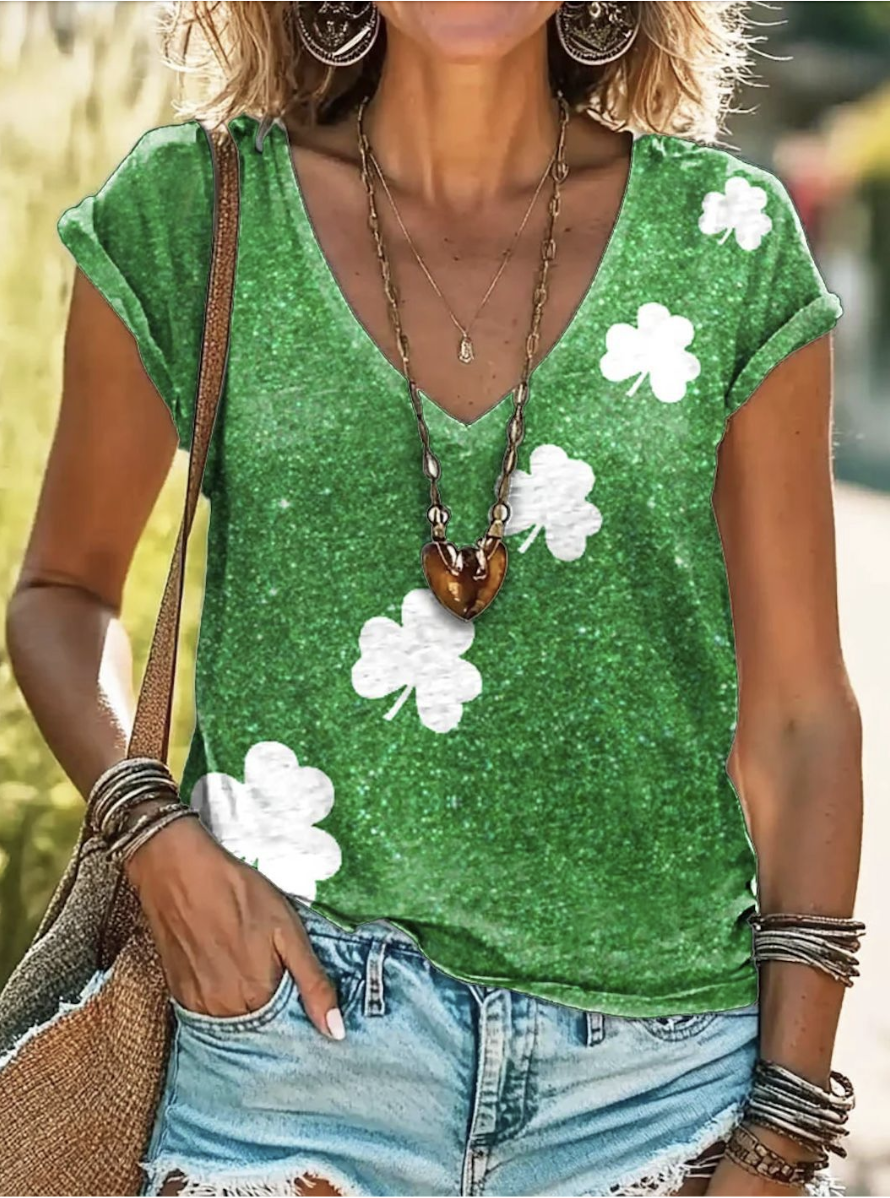 Casual St. Patrick's Day Four-leaf Print V Neck Short Sleeve T-shirt