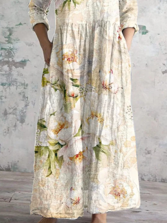 Women Floral Art Printing V Neck Long Sleeve Comfy Vintage Maxi Dress