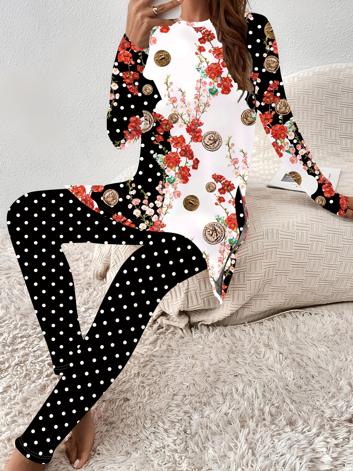 Women Floral Crew Neck Long Sleeve Comfy Casual Top With Pants Two-Piece Set