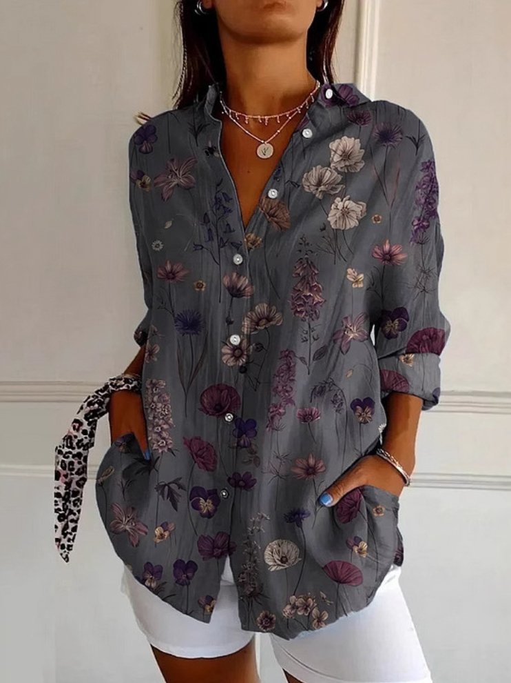 Shirt Collar Long Sleeve Floral Regular Loose Shirt For Women