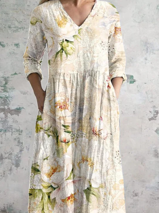 Women Floral Art Printing V Neck Long Sleeve Comfy Vintage Maxi Dress