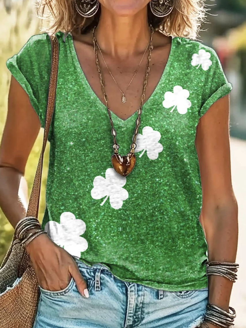 Casual St. Patrick's Day Four-leaf Print V Neck Short Sleeve T-shirt