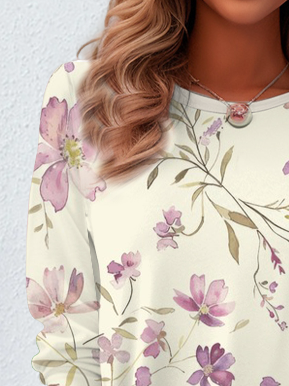 Casual Floral Print Crew Neck Long Sleeve T-shirt