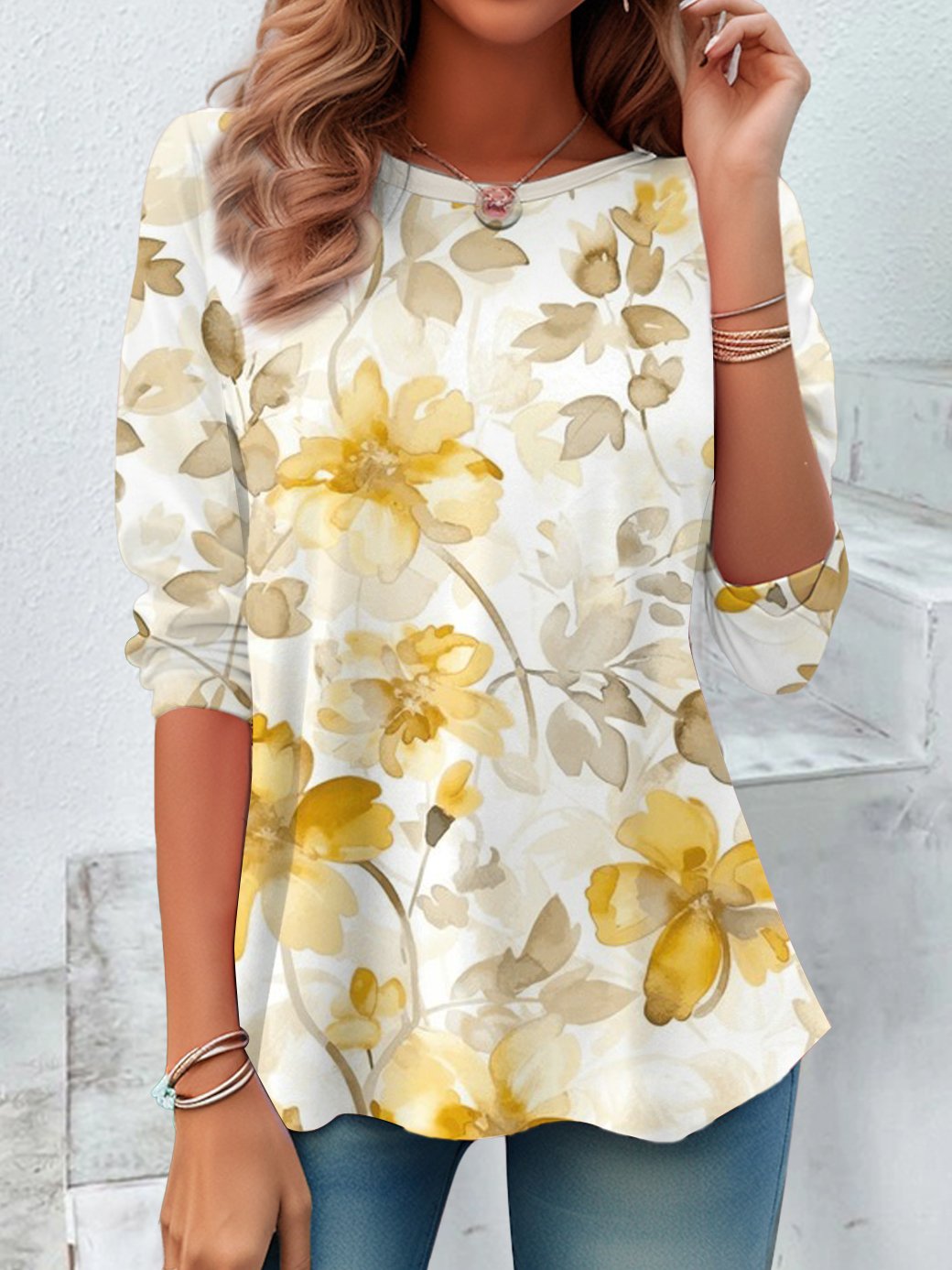 Casual Floral Print Crew Neck Long Sleeve T-shirt