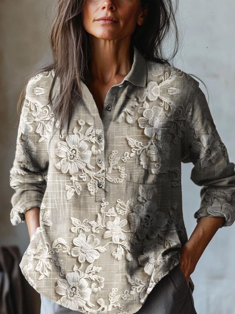 Henley Collar Long Sleeve Floral Regular Regular Fit Shirt For Women