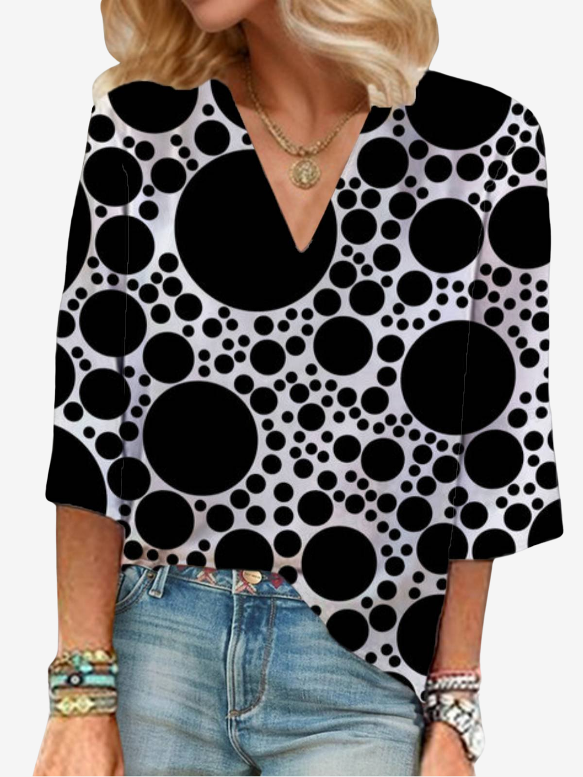 V Neck Three Quarter Sleeve Polka Dots Regular Loose Blouse For Women