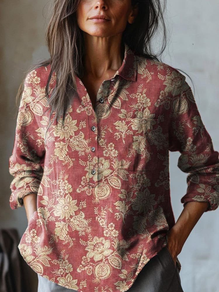 Henley Collar Long Sleeve Floral Regular Regular Fit Shirt For Women