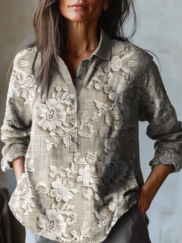 Henley Collar Long Sleeve Floral Regular Regular Fit Shirt For Women