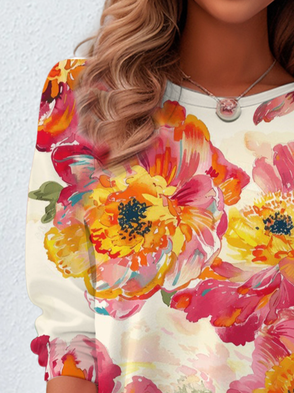 Casual Floral Print Crew Neck Long Sleeve T-shirt