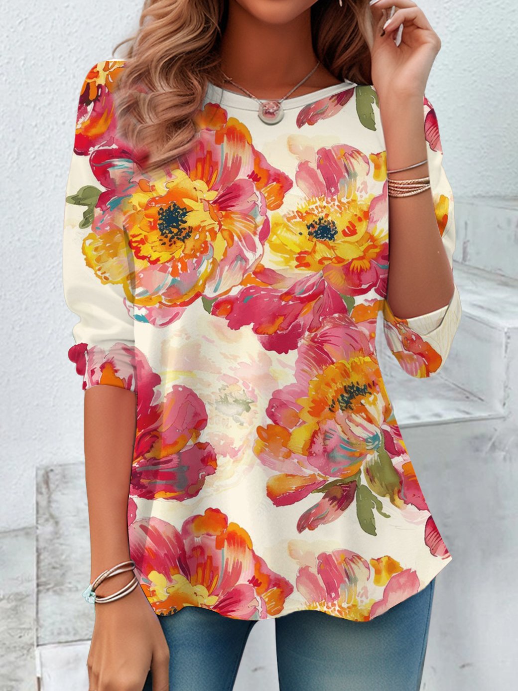 Casual Floral Print Crew Neck Long Sleeve T-shirt