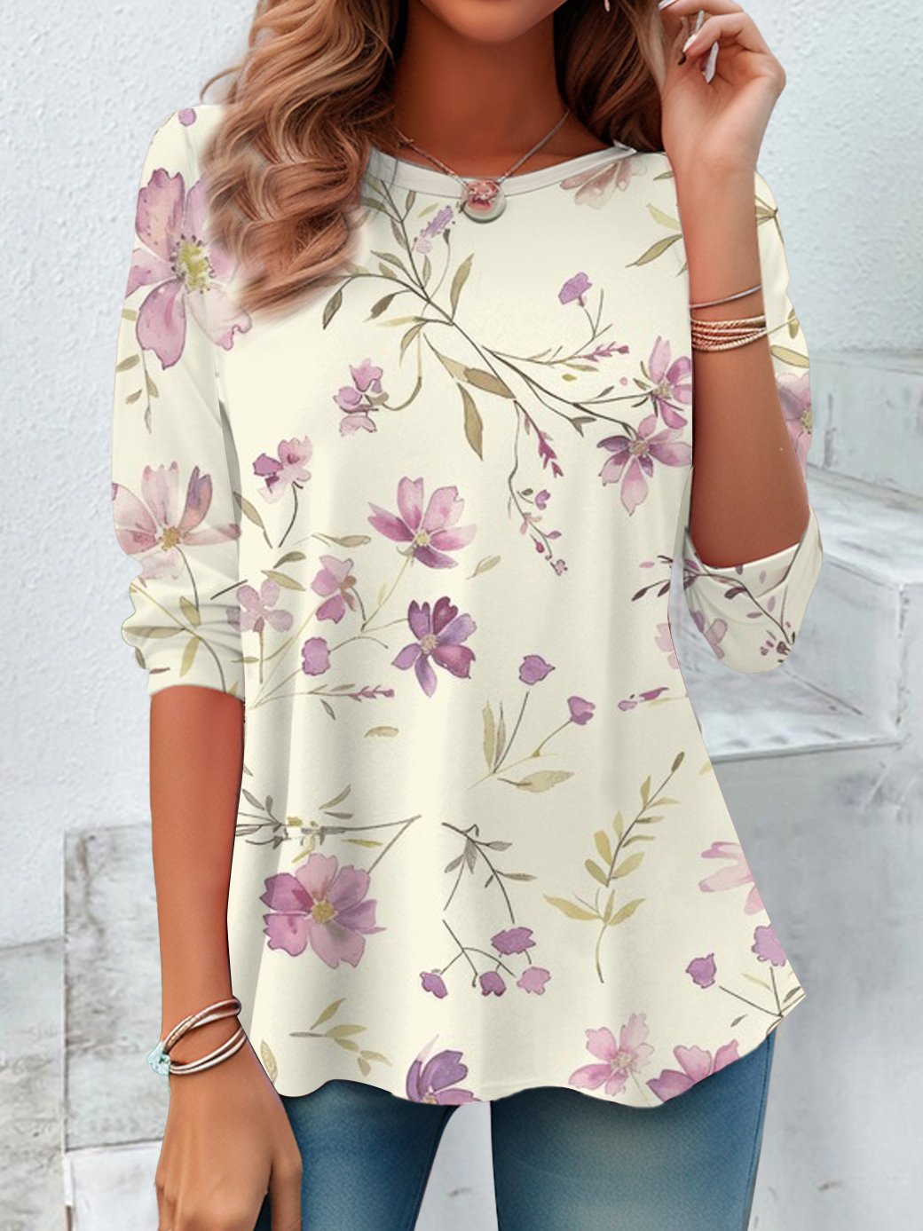 Casual Floral Print Crew Neck Long Sleeve T-shirt