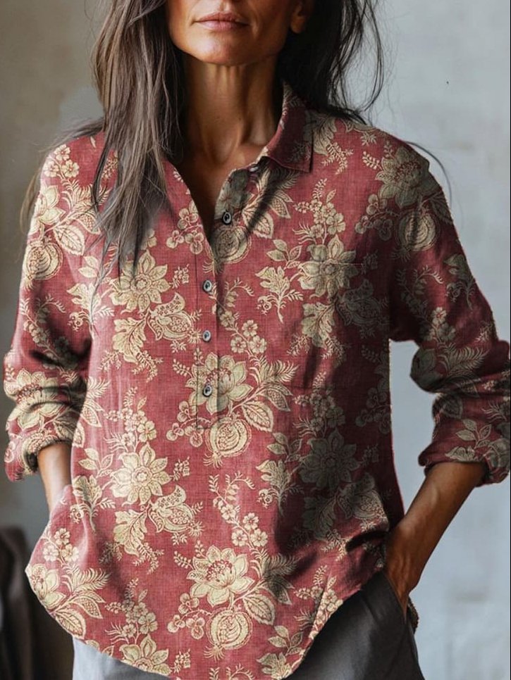 Henley Collar Long Sleeve Floral Regular Regular Fit Shirt For Women