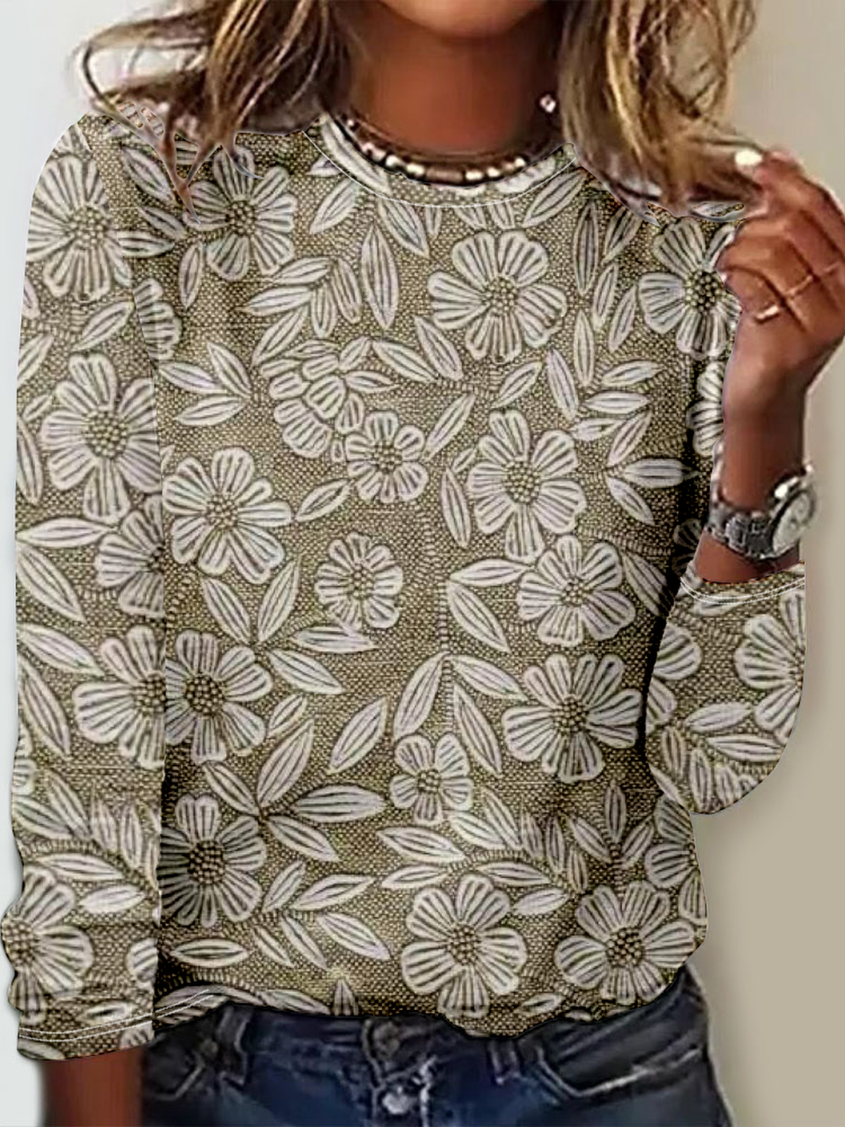 Vintage 3D Floral Printing Crew Neck Long Sleeve T-shirt