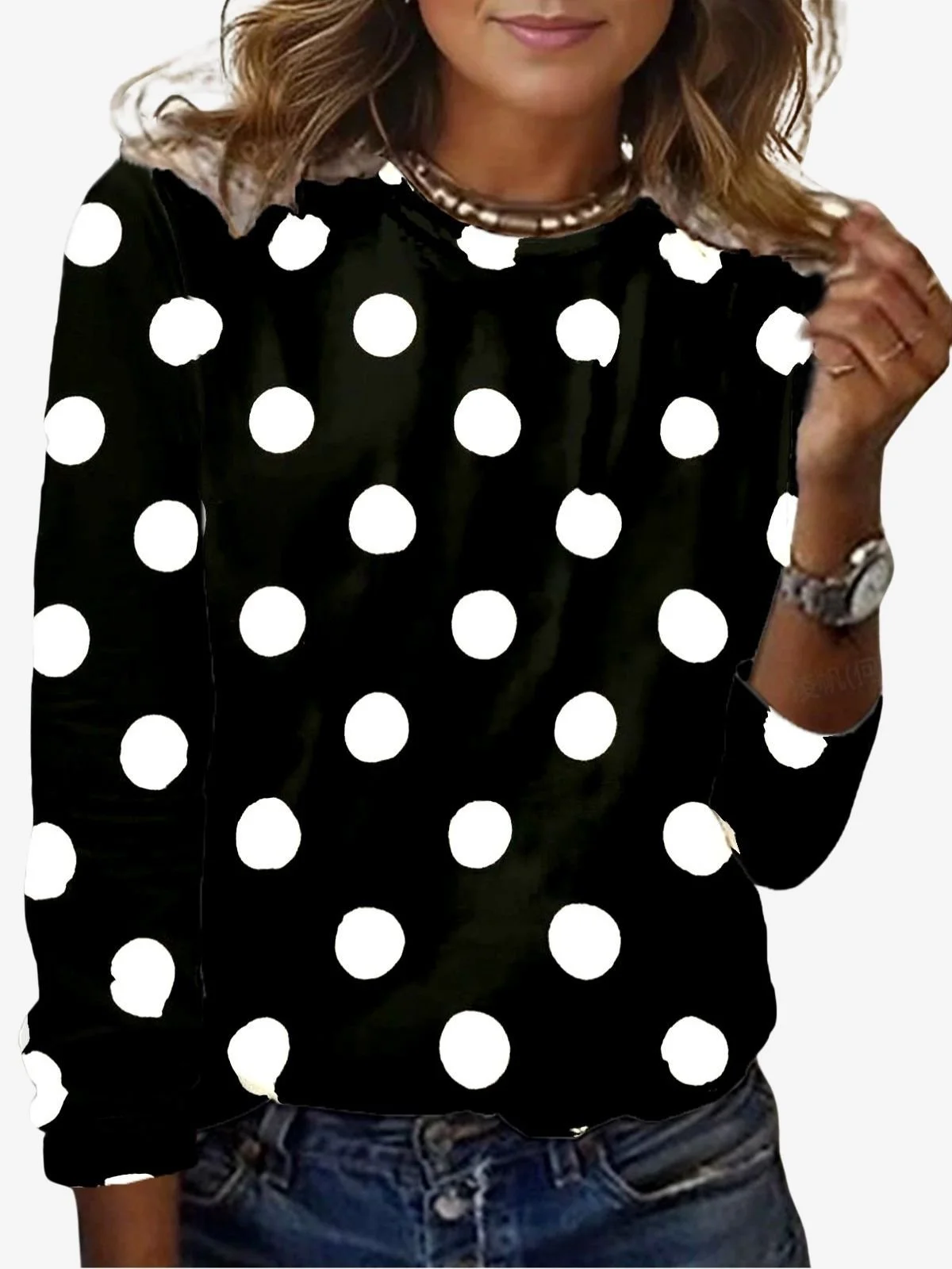 Casual Polka Dots Crew Neck Long Sleeve T-shirt