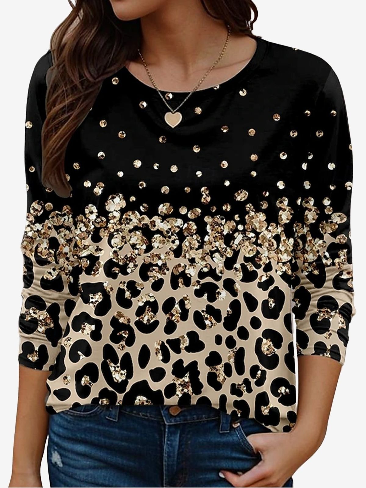 Casual Leopard Crew Neck Long Sleeve T-shirt