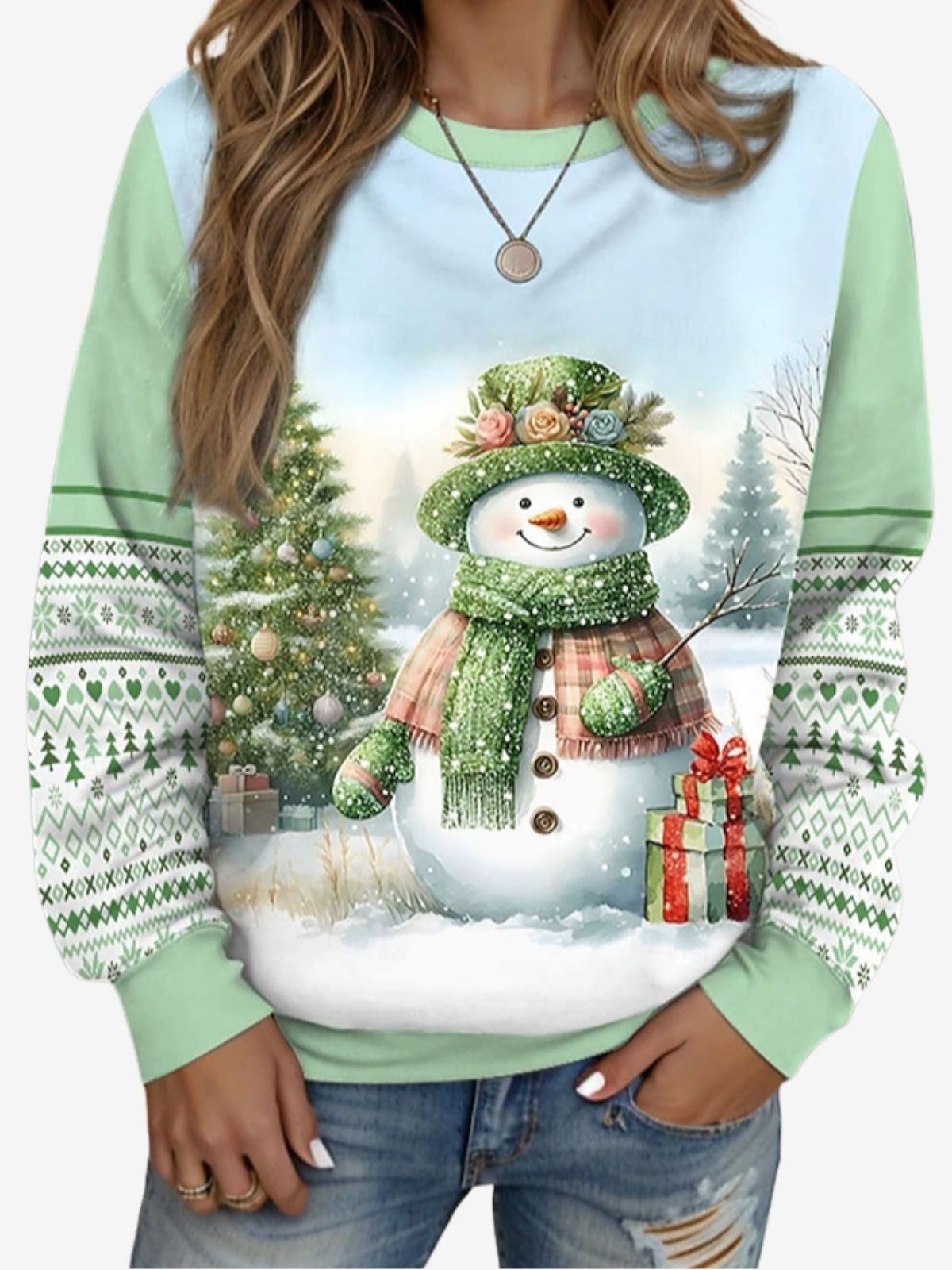 Casual Crew Neck Christmas Snowman Sweatshirt